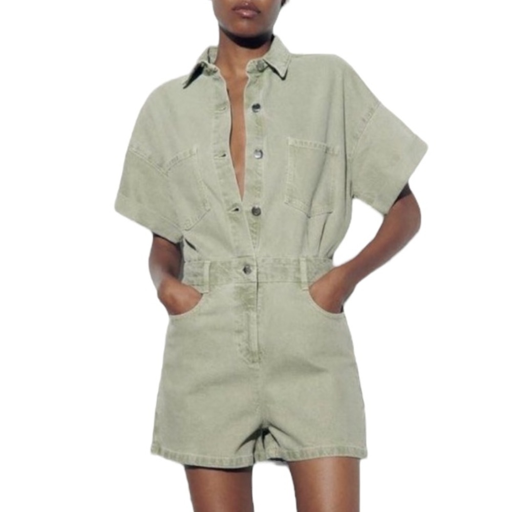 NWT Zara Sage Green Denim Jean Playsuit Romper Jumpsuit - L